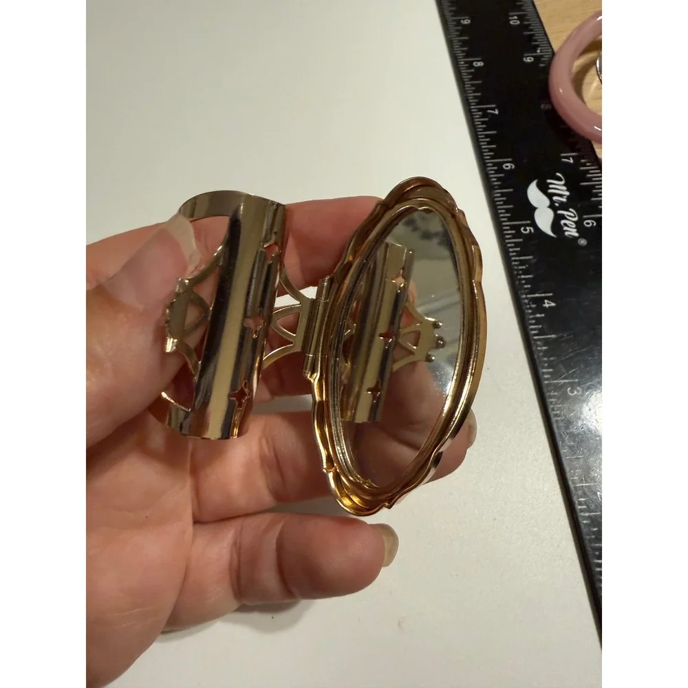 Vintage Wood Marquetry Inlay Lipstick Case Gold Tone Metal‎ Mirror Yosegi Style